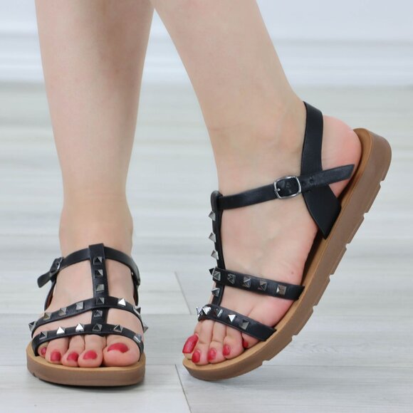 Black Metal Stud Trendy Comfy Flat Gladiator Sandal Slip On Sliders - Picture 4 of 12